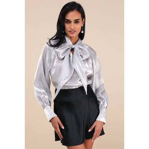 Lulus Notably Luxe Shiny Silver Tie-neck Top - Size M